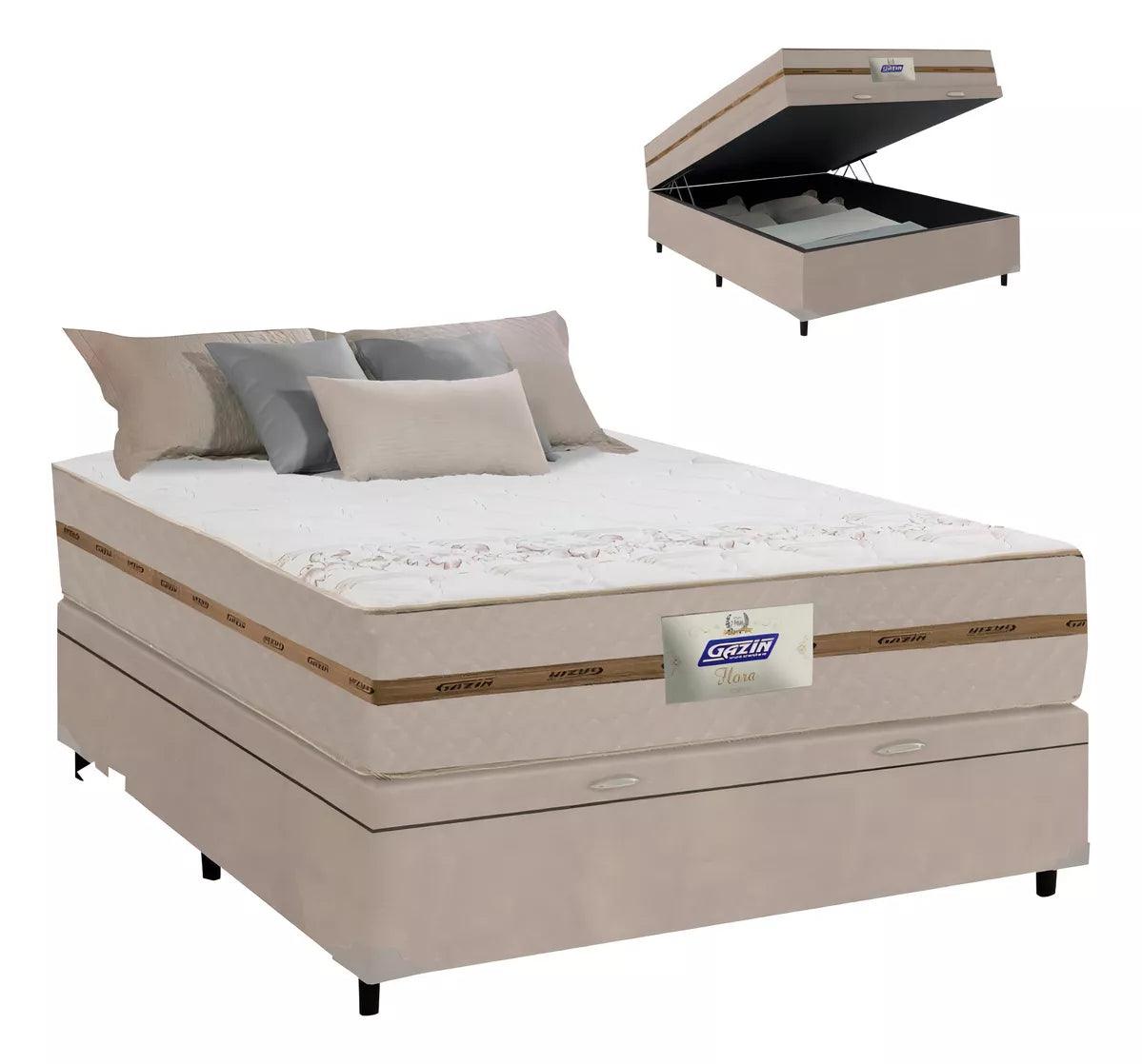 Cama Box Baú Casal Colchão Gazin Molas Flora Bege 138x188x61cm - AzulDirecty
