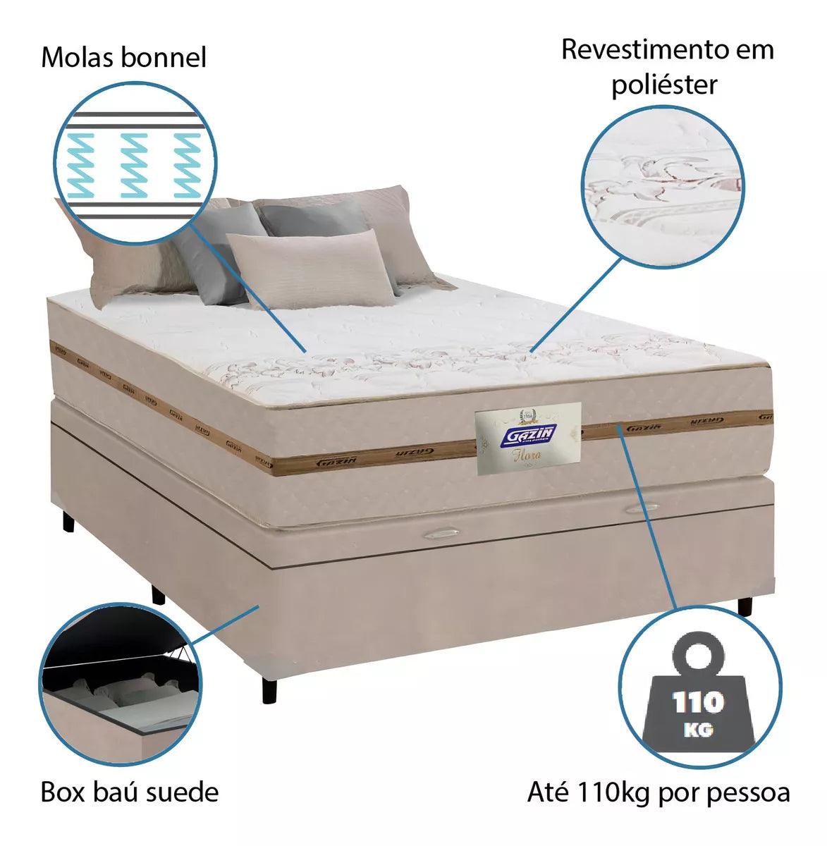 Cama Box Baú Casal Colchão Gazin Molas Flora Bege 138x188x61cm - AzulDirecty