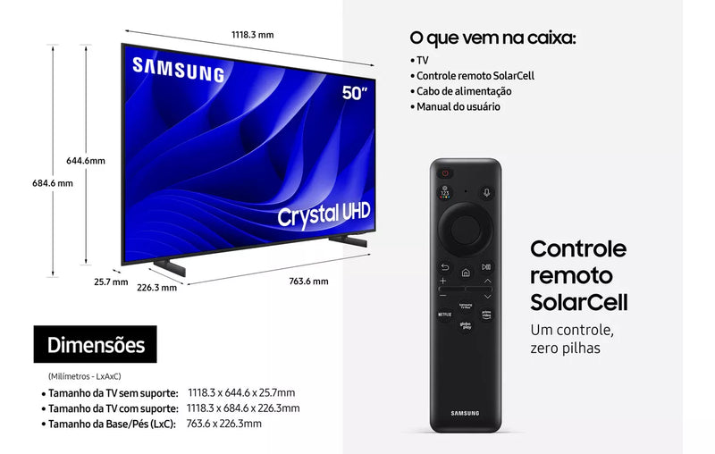 Smart TV 50DU8000 50'' Crystal UHD 4K 2024 Cor Cinza Titan Samsung 127V/220V